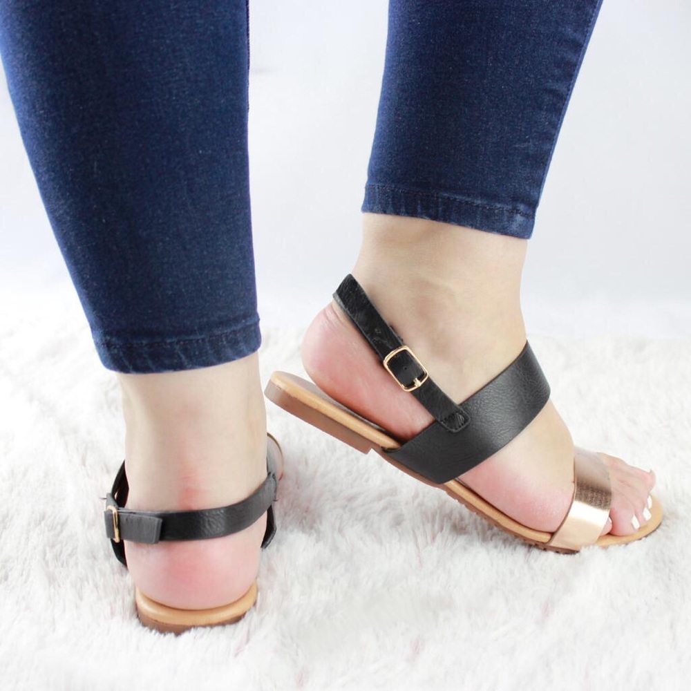 Black-Gold Double-Strap Flat Sandal - Picture 3 of 5